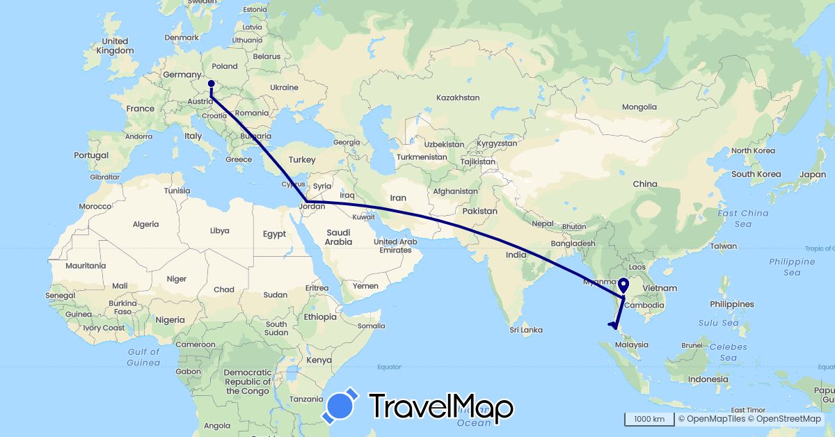 TravelMap itinerary: driving in Austria, Czech Republic, Jordan, Thailand (Asia, Europe)